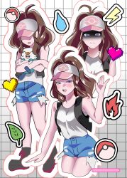  black_vest blue_shorts blush brown_hair closed_eyes cropped_legs full_body hat highres hilda_(pokemon) hug long_hair looking_at_viewer open_mouth oshawott poke_ball_print pokemon pokemon_(creature) pokemon_black_and_white shirt shorts vest violet_eyes white_hat white_shirt yuuzakibw 