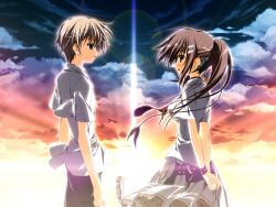  1boy 1girl arms_at_sides arms_behind_back blurry bokeh clouds cloudy_sky collared_shirt depth_of_field dress eye_contact frilled_skirt frills game_asset kagome_(traumatize) long_hair looking_at_another mamiya_takuji minakami_yuki non-web_source official_art ponytail profile self-datamine shirt short_sleeves skirt sky subarashiki_hibi variant_set visual_novel_cg white_skirt wind 