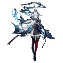  1girl animal_ears arcane_(arknights) arknights arknights:_endfield asymmetrical_gloves bird_ears bird_girl black_cape black_gloves blue_eyes cape closed_mouth elbow_gloves eyeshadow facial_mark forehead_mark full_body gloves gradient_hair grey_hair head_wings highres long_hair looking_at_viewer makeup mismatched_gloves multicolored_cape multicolored_gloves multicolored_hair official_art red_eyeshadow red_thighhighs second-party_source simple_background single_elbow_glove solo standing tachi-e thigh-highs transparent_background two-sided_gloves two-tone_gloves uneven_gloves white_gloves wings 