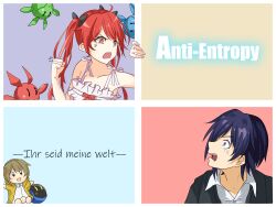 1boy 1girl ahoge anger_vein black_jacket blue_eyes blue_hair chinese_commentary collared_shirt commentary_request dress drone fibonacci_no_usagi frederica_nikola_tesla honkai_(series) honkai_impact_3rd jacket long_hair multicolored_hair open_mouth red_eyes red_hair shirt short_hair twintails two-tone_hair upper_body welt_joyce white_dress white_shirt 