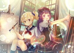  2girls absurdres alternate_costume arianna_caledonia beret blonde_hair blue_eyes blue_sailor_collar canvas_(object) easel frederica_irving hat highres holding holding_paint_palette holding_paintbrush in-franchise_crossover multiple_girls paint_palette paintbrush painting_(action) plaid_clothes plaid_skirt puffy_short_sleeves puffy_sleeves purple_hair sailor_collar sakuraso sekaiju_no_meikyuu shin_sekaiju_no_meikyuu shin_sekaiju_no_meikyuu_2 short_sleeves skirt smile violet_eyes 