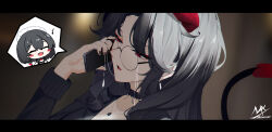  2girls :d ^_^ absurdres black-haired_demon_girl_(shimmer) black_hair black_jacket black_nails blurry blurry_background blush_stickers cellphone chibi closed_eyes demon_girl demon_horns demon_tail depth_of_field eighth_note fang glasses highres holding holding_phone horns jacket letterboxed long_hair maid_headdress multiple_girls musical_note nail_polish original parted_bangs parted_lips phone pinstripe_jacket pinstripe_pattern red_eyes round_eyewear shimmer signature smile solo_focus tail 