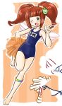  brown_hair green_eyes idolmaster name_tag one-piece_swimsuit pom_poms school_swimsuit solo swimsuit takatsuki_yayoi twintails wings wink 