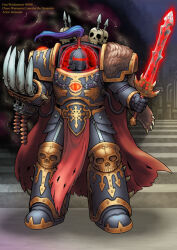  1boy adeptus_astartes armor berserker_(fate/zero) bolter breastplate chaos_(warhammer) chaos_space_marine chaos_undivided_(symbol) cosplay drach'nyen eyes_of_horus_(warhammer_40k) fate/grand_order fate/zero fate_(series) full_armor gauntlets helmet holding holding_sword holding_weapon horus_lupercal horus_lupercal_(cosplay) kensaint knight male_focus ornate_armor pauldrons pelt power_armor primarch red_eyes shoulder_armor skull solo sons_of_horus spikes sword talon_of_horus terminator_armor topknot warhammer_40k weapon wolf_pelt 