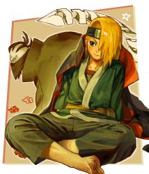  2boys akatsuki_uniform black_pants blonde_hair blue_eyes border closed_mouth coat coat_on_shoulders commentary_request deidara_(naruto) fishnet_top fishnets full_body highres hiruko_(naruto) invisible_floor long_hair looking_at_another male_focus mask multiple_boys naruto_(series) naruto_shippuuden pants sasori_(naruto) sitting star_(symbol) tabiii123 tail white_border 