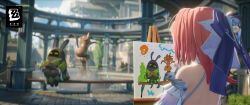  1girl backless_dress backless_outfit bangboo_(zenless_zone_zero) bare_shoulders child's_drawing copyright_logo detached_sleeves dress highres holding holding_paintbrush logo medium_hair nail_polish official_art paintbrush painting_(action) painting_(object) picture_frame pink_hair remielle_dan zenless_zone_zero 