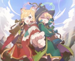  2girls absurdres animal_ear_fluff animal_ears black_hood black_thighhighs blonde_hair blue_archive blue_sky brown_eyes cat_ears clouds commentary cowboy_shot crossbow day dro_(eveveb_414) ears_under_headwear green_halo green_tunic gun halo highres holding holding_crossbow holding_gun holding_weapon long_sleeves magazine_(object) midori_(blue_archive) momoi_(blue_archive) multiple_girls one_eye_closed open_mouth pink_halo pointing pointing_at_viewer pouch prototype_design red_poncho red_skirt shaded_face short_hair siblings skirt sky thigh-highs tunic twins untranslatable_commentary weapon 