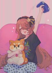  1girl :d black_bow black_shirt bow brown_hair butterfly_facial_mark controller couch frilled_hairband frills game_controller gamecube_controller hair_over_one_eye hairband highres indie_virtual_youtuber kokomi_(aniesuakkaman) long_hair majora_(zelda) multicolored_bow nina_saotome nina_saotome_(nina_2.0) on_couch open_mouth shirt sitting smile solo striped_bow stuffed_toy virtual_youtuber 