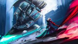  1boy 1girl adeptus_astartes alpha_legion alpharius_omegon armor armored_dress artoria_pendragon_(fate) battle black_armor blonde_hair breastplate chaos_space_marine commentary crossover dark_lordstudios dark_persona dress east-west_crossover english_commentary excalibur_morgan_(fate) fate/stay_night fate_(series) gauntlets hair_bun highres holding holding_polearm holding_sword holding_weapon polearm power_armor primarch ribbon saber_alter saber_alter_(fate/stay_night) scale_armor short_hair shoulder_armor spear sword third-party_source warhammer_40k weapon yellow_eyes 
