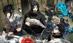  6+boys 99ki5 akatsuki_uniform bird black_eyes black_gloves black_hair chicken chopsticks closed_mouth collarbone dishwashing eating food forehead_protector gloves grey_jacket highres holding holding_chopsticks holding_with_chopsticks indoors jacket konohagakure_symbol long_hair male_focus multiple_boys naruto_(series) naruto_shippuuden plate rope_belt short_hair sitting table tongue tongue_out uchiha_itachi uchiha_madara uchiha_obito uchiha_shisui 