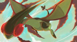  blue_sky colorful_clouds commentary dragon flygon flying from_below green_wings no_humans outdoors pokemon pokemon_(creature) pokemon_focus red_eyes sei_(seiryuuden) sky tail wings 