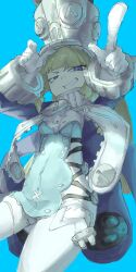  1girl blonde_hair blue_background blue_eyes blue_jacket breasts commentary_request garter_straps gloves grey_hat grey_helmet hat helmet highres jacket large_hat long_hair looking_at_viewer norma_hollowell pointing shako_cap simple_background small_breasts smile solo thigh-highs tsuingumi(user_yftv7388) white_garter_straps white_gloves white_thighhighs zenless_zone_zero 