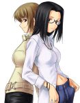  back-to-back back_to_back belt black_eyes black_hair bracelet brown_eyes brown_hair fomalhaut glasses jeans jewelry katou_kei maria-sama_ga_miteru midriff multiple_girls navel necklace ring satou_sei short_hair simple_background smile tanaka_shoutarou 