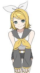  1girl aqua_eyes bare_shoulders belt black_sailor_collar black_shorts black_sleeves blonde_hair bow breasts closed_mouth commentary_request cowboy_shot detached_sleeves hair_bow hair_ornament hairclip hands_on_own_knees highres kagamine_rin leaning_forward looking_at_viewer neckerchief parallel_hairclips rainy_3743 sailor_collar shirt shorts simple_background sleeveless sleeveless_shirt small_breasts smile vocaloid white_background white_bow white_shirt yellow_belt yellow_nails yellow_neckerchief yellow_trim 