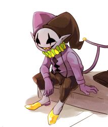  1boy 2019 2d arm_on_thigh arm_support black_hat black_pants black_sclera colored_sclera colored_skin colored_tongue deltarune digital_media full_body hat highres humanoid imp jester jester_cap jester_costume jevil kono2noko long_sleeves male male_focus male_only neck_ruff pants pointy_ears purple_hat purple_skin purple_tongue shoes simple_background sitting solo tail tongue two-tone_hat utdr_(toby_fox) white_background yellow_shoes 