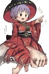  1girl :d absurdres barefoot blush bowl bowl_hat commentary_request hat highres japanese_clothes kimono mini_person_on_arm needle needle_sword open_mouth piaki pointing purple_hair red_eyes red_kimono short_hair sitting_on_arm smile sukuna_shinmyoumaru touhou upper_body wide_sleeves 