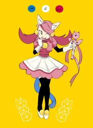 1girl 2020 2d animal_ears aofuji06 apron bell cat_ears cat_girl cat_tail digital_media dress female female_only full_body gloves hair_bell hand_up holding holding_staff holding_weapon humanoid low_twintails mad_mew_mew pink_dress pink_hair shoes simple_background solo staff standing tail twintails undertale utdr_(toby_fox) weapon white_apron white_gloves white_shoes yellow_background
