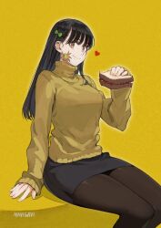  1girl artist_name black_hair black_pantyhose black_skirt blush bow breasts brown_eyes bug check_copyright closed_mouth commentary commission copyright_request eating feet_out_of_frame fingernails food food_on_face green_bow hair_bow heart highres holding holding_food holding_sandwich jun_(navigavi) long_hair long_sleeves looking_at_viewer making-of_available medium_breasts nose original pantyhose pencil_skirt sandwich signature simple_background sitting skeb_commission skirt smile solo sparkling_eyes spider straight_hair sweater turtleneck turtleneck_sweater yellow_background yellow_sweater 