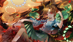  1girl antlers black_shoes blonde_hair blue_shirt bracelet closed_mouth commentary_request danmaku dragon_girl dragon_horns dragon_tail green_nails highres holding holding_smoking_pipe horns jewelry kicchou_yachie kiseru long_sleeves looking_at_viewer otter_spirit_(touhou) red_eyes revision scales shinbaru shirt shoes short_hair skull smile smoking_pipe socks solo square_neckline tail touhou turtle_shell white_socks wide_sleeves yellow_horns 