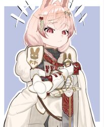  1girl :t ahoge animal_ears armor belt blue_background border braid breastplate cape chainmail character_name closed_mouth emphasis_lines fur-trimmed_cape fur_trim gauntlets gold_trim hair_ornament head_chain heart heart_hair_ornament highres holding holding_sword holding_weapon jewelry knight long_hair pauldrons phase_connect pink_hair pipkin_pippa pipkin_pippa_(wippa) pout rabbit_ears rabbit_girl red_belt red_eyes shoulder_armor side_braid sidelocks simple_background single_pauldron solo sword tabard virtual_youtuber wax_seal wax_seal_hair_ornament weapon white_belt white_border white_cape white_tabard yamzzity 