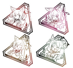  4girls animal_ear_fluff animal_ears blue_archive blush braid closed_eyes closed_mouth commentary_request crossed_arms food fox_ears fox_girl fox_platoon_(blue_archive) greyscale halo headphones hexaa highres holding holding_food inarizushi korean_commentary long_hair looking_at_viewer monochrome multiple_girls neckerchief one_eye_closed open_mouth pleated_skirt reaching reaching_towards_viewer sailor_collar school_uniform serafuku shirt short_hair skirt sushi two_side_up upper_body very_long_braid very_long_hair 