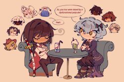  5boys 5girls angela_(project_moon) ascot ayin_(project_moon) black_coat black_gloves black_hair black_pants blue_coat blue_hair blunt_bangs callisto_(project_moon) carmen_(project_moon) chair closed_eyes coat drinking_straw e.g.o_(project_moon) english_text food glass gloves high_heels highres hokma_(project_moon) library_of_ruina limbus_company matthias_(project_moon) multiple_boys multiple_girls ootachi pants parfait pkeiiq project_moon renketsuen_(e.g.o) rien_(project_moon) ryoshu_(project_moon) shiomi_yoru_(project_moon) shirt short_hair single_glove speech_bubble table valencina_(project_moon) white_shirt yellow_eyes 