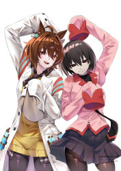  2girls abiboge absurdres agnes_tachyon_(umamusume) ahoge black_eyes black_hair black_necktie black_shirt black_undershirt breasts closed_mouth collared_shirt cork ear_ornament ear_tag earrings eyes_visible_through_hair grey_shirt hair_between_eyes heart_arms heart_arms_duo hem_peeking_out highres jewelry long_sleeves looking_at_viewer medium_breasts monogatari_(series) multiple_girls necktie open_mouth oshino_ougi red_eyes shirt short_hair short_necktie simple_background single_earring sleeves_past_fingers sleeves_past_wrists smile solid_eyes solo sweater teeth test_tube umamusume upper_teeth_only white_background wide_sleeves yellow_sweater 
