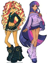  2girls bag belt big_hair black_jacket blonde_hair blue_eyes blunt_bangs boots breasts colored_skin commentary crop_top cropped_jacket curly_hair cutoffs dark-skinned_female dark_skin denim denim_shorts digital3scap3 english_commentary fashion full_body green_eyes hand_on_own_hip handbag highres jacket leather leather_jacket leg_warmers long_hair long_sleeves looking_at_viewer loose_socks midriff miniskirt multicolored_hair multiple_girls my_little_pony my_little_pony:_friendship_is_magic navel off-shoulder_sweater off_shoulder orange_skin personification pink_hair purple_hair purple_skirt red_hair short_shorts shorts shoulder_bag skirt smile socks standing sunset_shimmer sweater twilight_sparkle two-tone_hair very_long_hair violet_eyes wavy_hair white_background 