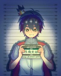  1boy absurdres baibai black_eyes black_hair bright_pupils cape character_name chinese_commentary commentary_request crown false_memory gold_crown grey_shirt halo height_chart height_mark high_collar highres holding holding_sign light_blush male_focus mini_crown mugshot nameplate protagonist_halo red_cape shirt sign smirk spotlight upper_body white_pupils 