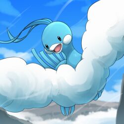  absurdres altaria beak bird blue_sky dragon feathers flying highres no_humans open_mouth outdoors pokemon pokemon_(creature) pokemon_focus sky spicyichizo white_feathers 