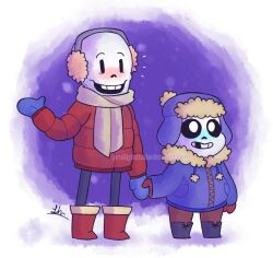 2015 2boys 2d aged_down artist_name black_boots blue_jacket blue_mittens boots border brothers brown_pants child coat commentary deviantart_username digital_media duo earmuffs english_commentary full_body fur-trimmed_hat fur-trimmed_jacket fur_trim gradient_background grey_scarf hand_up hat height_difference holding_hands hollow_eyes humanoid jacket long_sleeves male male_focus male_only missing_tooth mittens monster monster_boy multiple_boys notice_lines pants papyrus_(undertale) pom_pom_(clothing) prettytak purple_background red_boots red_coat red_mittens round_border sans_(undertale) scarf siblings signature skeleton teeth two-tone_background undead undertale ushanka utdr_(toby_fox) watermark white_background white_border winter_clothes winter_coat yellow_fur zipper