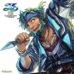  1boy argyle_clothes argyle_vest beard commentary_request facial_hair green_facial_hair hammer holding holding_hammer jewelry multicolored_hair muscular muscular_male necklace official_art open_mouth sahad_nautilus short_hair simple_background tattoo war_hammer weapon ys ys_viii:_lacrimosa_of_dana 