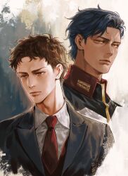  2boys black_suit blue_hair brown_eyes brown_hair business_suit commentary dark-skinned_male dark_skin earth_federation earth_federation_space_forces formal_clothes gundam gundam:_hathaway's_flash hair_slicked_back hathaway_noa highres jacket kenneth_sleg male_focus multiple_boys necktie spiky_hair stillhavenstl suit untranslatable_commentary 