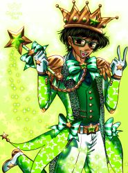 black_hair bowtie crown dark_skin galaxy glasses gloves gold_buttons gold_chain green_gemstone green_jacket green_vest magic magical_boy mole_under_eye oc original_character prince ribbon shoulder_armor star star_earrings star_wand tuxedo