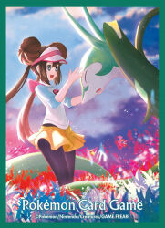  1girl black_pantyhose border bow bright_pupils brown_hair closed_eyes clouds commentary company_name copyright_name copyright_notice english_commentary grass green_border hat highres long_hair official_art open_mouth otsumami_(bu-bu-heaven) outdoors pantyhose pink_bow poke_ball_print pokemon pokemon_(creature) pokemon_black_2_and_white_2 pokemon_tcg rosa_(pokemon) serperior shirt sky smile standing third-party_source twintails visor_cap white_hat white_pupils white_shirt yellow_shirt 