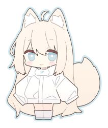  1girl absurdres ahoge animal_ear_fluff animal_ears arms_at_sides blue_eyes blue_outline blush_stickers boots bright_pupils chibi chibi_only closed_mouth commentary_request fox_ears fox_girl fox_tail full_body hair_between_eyes highres jacket long_hair long_sleeves original outline sidelocks simple_background sleeves_past_fingers sleeves_past_wrists smile solo standing tail very_long_hair white_background white_boots white_jacket white_pupils yunochia 