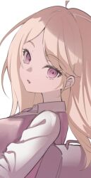  1girl akamatsu_kaede backpack bag blonde_hair breasts collared_shirt commentary_request danganronpa_(series) danganronpa_v3:_killing_harmony from_side korean_commentary large_breasts looking_at_viewer open_mouth purple_bag purple_sweater rumromram shirt simple_background solo sweater sweater_vest upper_body violet_eyes white_background white_shirt 