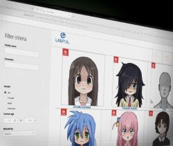  1boy 5girls alinkun artist_name azumanga_daioh black_hair blue_hair bocchi_the_rock! brand_name_imitation character_name crossover cursor embarrassed fake_photograph gotoh_hitori green_eyes interpol iwakura_lain izumi_konata kasuga_ayumu kuroki_tomoko long_hair looking_at_viewer lucky_star multiple_girls pink_hair portrait serial_experiments_lain watashi_ga_motenai_no_wa_dou_kangaetemo_omaera_ga_warui! 