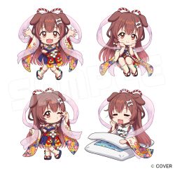  1girl :i =_= alternate_hair_length_(longer) animal_ears arms_up bare_shoulders blue_kimono blue_sandals blush bone_hair_ornament bow brown_eyes brown_hair chibi chibi_only commentary_request copyright_notice criss-cross_halter detached_sleeves dog_ears double-parted_bangs fangs full_body geta hagoromo hair_between_eyes hair_bow hair_ornament hair_tubes hairclip halterneck hands_on_own_cheeks hands_on_own_face head_rest hololive inugami_korone inugami_korone_(new_year) invisible_chair japanese_clothes kimono knees_together_feet_apart kotatsu kouhaku_nawa long_hair mchonmchon merchandise_available multiple_views nail_polish official_alternate_costume official_alternate_hairstyle official_art one_eye_closed open_mouth parallel_hairclips pout puckered_lips raised_inner_eyebrows rope sandals shawl shimenawa sidelocks sitting sleeveless sleeveless_kimono socks tabi table two-tone_kimono v v_over_eye very_long_hair virtual_youtuber waking_up white_kimono white_socks wide_sleeves yawning yellow_nails 