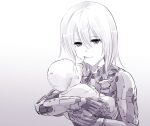  1boy 1girl android baby bangs cheek_pull gradient gradient_background greyscale hair_between_eyes highres holding_baby ishiyumi looking_down mechanical_buddy_universe medium_hair momdroid_(mechanical_buddy_universe) monochrome mother_and_son motherly science_fiction 