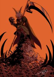  1boy bone colored_skin commentary_request corpse dragon_quest dragon_quest_x fingernails hair_slicked_back holding holding_scythe holding_skull holding_weapon horns juliet_sleeves kale long_fingernails long_sleeves looking_at_viewer lowres male_focus nelgel orange_background pile_of_skulls pointy_ears puffy_sleeves purple_skin scythe sharp_fingernails short_hair signature skull solo squatting weapon white_hair 