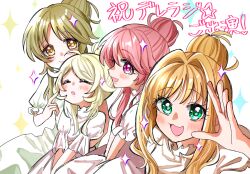  4girls blonde_hair blush brown_hair closed_eyes commentary_request dress flower h2omizu_2 hair_bun hair_flower hair_intakes hair_ornament hino_akane_(idolmaster) idolmaster idolmaster_cinderella_girls looking_at_viewer multiple_girls orange_hair profile puffy_short_sleeves puffy_sleeves redhead shiina_noriko short_sleeves single_hair_bun smile sparkle takamori_aiko translation_request white_dress yusa_kozue 