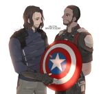  2boys avengers:_endgame avengers:_infinity_war beard blue_eyes blue_jacket brown_hair buzz_cut cyborg facial_hair fingerless_gloves gloves jacket james_buchanan_barnes male_focus marvel mechanical_arms multiple_boys namahamu_(hmhm_81) sam_wilson shield short_hair single_mechanical_arm stubble superhero the_falcon very_short_hair winter_soldier 