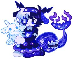  1girl black_dress black_eyes black_hair blue_pantyhose cyber_fashion dress fins fish_tail hairband highres kalawakan long_sleeves multicolored_hair open_mouth original pantyhose smile solo split-color_hair tail tail_strap white_eyes white_hair 