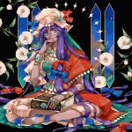  1girl alternate_costume bangs book bracelet branch butterfly_sitting flower full_body gem highres jewelry long_hair looking_at_viewer necklace patchouli_knowledge purple_hair sitting smile solo sosei touhou very_long_hair violet_eyes white_flower 