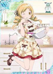 1girl artist_request bare_legs bare_shoulders batter blonde_hair bow bow_button bowl brown_bow brown_footwear card_(medium) casual collarbone cowboy_shot detached_sleeves dot_nose drawer dress drill_hair faucet flower_hairpin footwear_bow frilled_sleeves frills game_cg glass hand_on_own_chin high_heels holding holding_bowl indoors kitchen leg_up licking light_blush long_hair looking_at_viewer mahou_shoujo_madoka_magica mahou_shoujo_madoka_magica_plus mary_janes official_alternate_costume official_art one_eye_closed parted_lips pepper_shaker picture_frame plant pleated_skirt pocket potted_plant puffy_short_sleeves puffy_sleeves salt_shaker shelf shoes short_dress short_sleeves sink skirt sleeveless sleeveless_dress smile solo standing teapot third-party_source tomoe_mami tsurime twin_drills weighing_scale whisk white_sleeves window yellow_dress yellow_eyes