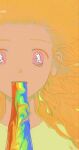  1girl floating_hair green_shirt highres long_hair looking_at_viewer nima_(nimamann) orange_hair original pink_eyes portrait rainbow shirt solo surreal 