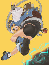 1girl :d absurdres black_shorts blonde_hair blue_footwear blue_hoodie bridget_(guilty_gear) female_focus fingerless_gloves gloves green_eyes guilty_gear guilty_gear_strive highres hood hoodie looking_at_viewer looking_back rediva01 shorts skirt smile solo stuffed_animal stuffed_toy teddy_bear