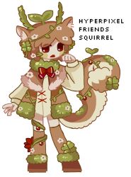  1other animal_ears antennae boots bow bowtie brown_capelet brown_footwear brown_hair brown_thighhighs brown_vest capelet full_body highres kalawakan leaf looking_at_viewer open_mouth original red_bow red_bowtie red_eyes shirt short_hair solo squirrel_ears squirrel_tail tail thigh-highs vest whiskers white_shirt 