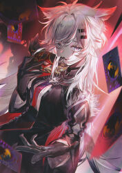  1girl animal_ears arknights black_gloves black_jacket black_skirt blurry blurry_background blurry_foreground breasts brooch buttons cape card chinese_commentary chromatic_aberration commentary_request cowboy_shot cropped_jacket depth_of_field dr.k dutch_angle fang film_grain floating_card from_side gloves grey_eyes grey_hair hair_flowing_over hair_ornament hairclip high-waist_skirt high_collar highres holding holding_mask jacket jewelry lappland_(arknights) lappland_the_decadenza_(arknights) layered_sleeves long_hair long_sleeves looking_at_viewer looking_to_the_side mask medium_breasts messy_hair necktie official_alternate_costume open_hand parted_lips reaching reaching_towards_viewer red_cape red_necktie ribbed_shirt scar scar_across_eye scar_on_face shade shirt shirt_tucked_in shoulder_pads single_shoulder_pad skirt smile solo standing teeth upper_teeth_only white_shirt wide_sleeves wolf_ears wolf_girl wolf_mask 